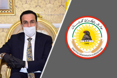 لۆگۆى پارتى دیموكراتى كوردستان و ئومێد خۆشناو، سه‌رۆكى فراكسیۆنى زه‌رد له‌ په‌رله‌مانى كوردستان | فۆتۆ: SNN