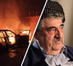 محهمهدى حاجى مهحمود، سكرتێرى حزبى سۆسیالست دیموكراتى كوردستان و بیناى قایمقامیهتى كهلار پاش سووتاندنى | فۆتۆ: SNN