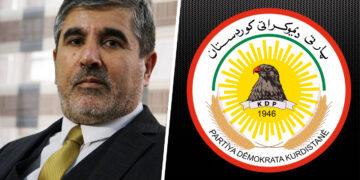 لۆگۆى پارتى دیموكراتى كوردستان و ئارام قادر، سه‌رۆكى هاوپه‌یمانى نیشتمانى | فۆتۆ: SNN