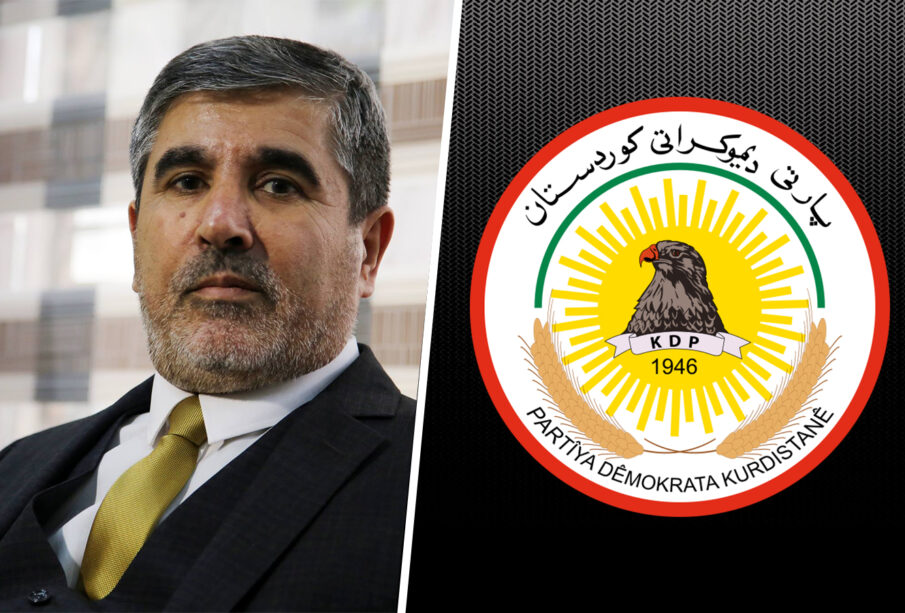 لۆگۆى پارتى دیموكراتى كوردستان و ئارام قادر، سه‌رۆكى هاوپه‌یمانى نیشتمانى | فۆتۆ: SNN