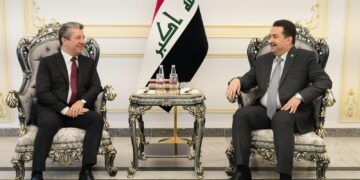 كۆبوونهوهى مهسرور بارزانى، سهرۆكى حكومهتى ههرێم و محهمهد شیاع سودانى، سهرۆكوهزیرانى عێراق | فۆتۆ: KRG